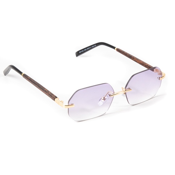 Men's Gold Frame Rimless Purple Tint Woodgrain Sunglasses - Picture 3 of 4